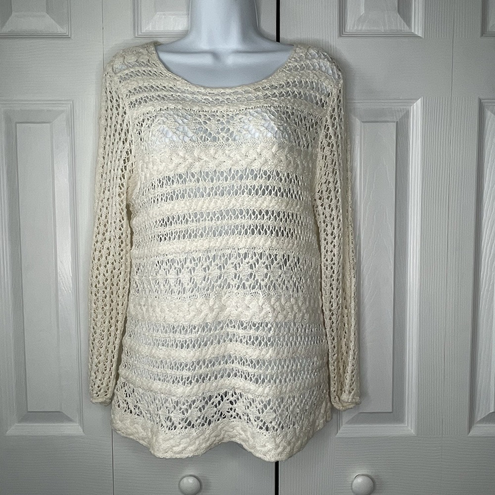 Lucky Brand Cream Sweater | Open‎ Crochet Knit Off-White Live in Love | Sz M